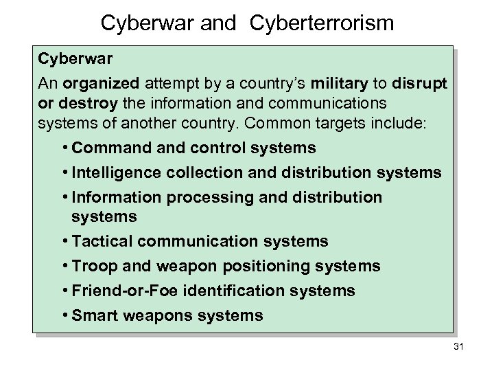 Cyberwar and Cyberterrorism Cyberwar An organized attempt by a country’s military to disrupt or