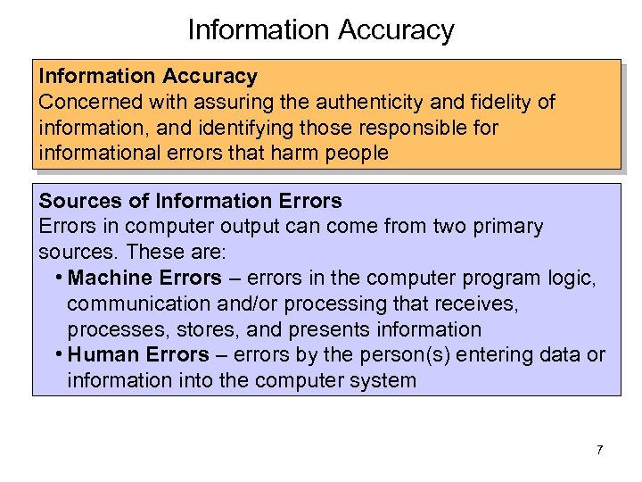 Information Accuracy Concerned with assuring the authenticity and fidelity of information, and identifying those