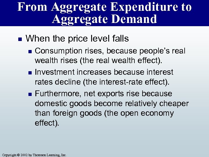 From Aggregate Expenditure to Aggregate Demand n When the price level falls n n