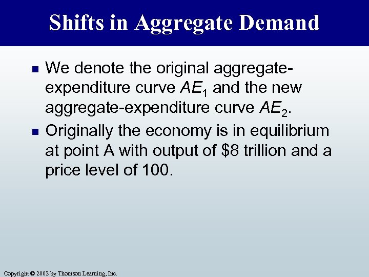 Shifts in Aggregate Demand n n We denote the original aggregateexpenditure curve AE 1