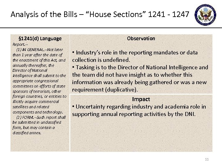 Analysis of the Bills – “House Sections” 1241 - 1247 § 1241(d) Language Report.