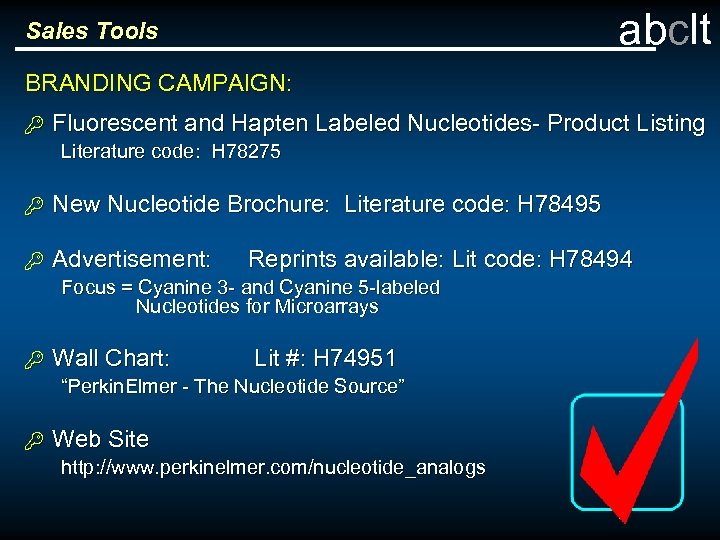 abclt Sales Tools BRANDING CAMPAIGN: B Fluorescent and Hapten Labeled Nucleotides- Product Listing Literature