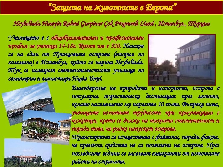 “Защита на животните в Европа” Heybeliada Huseyin Rahmi Gurpinar Çok Programli Lisesi , Истанбул