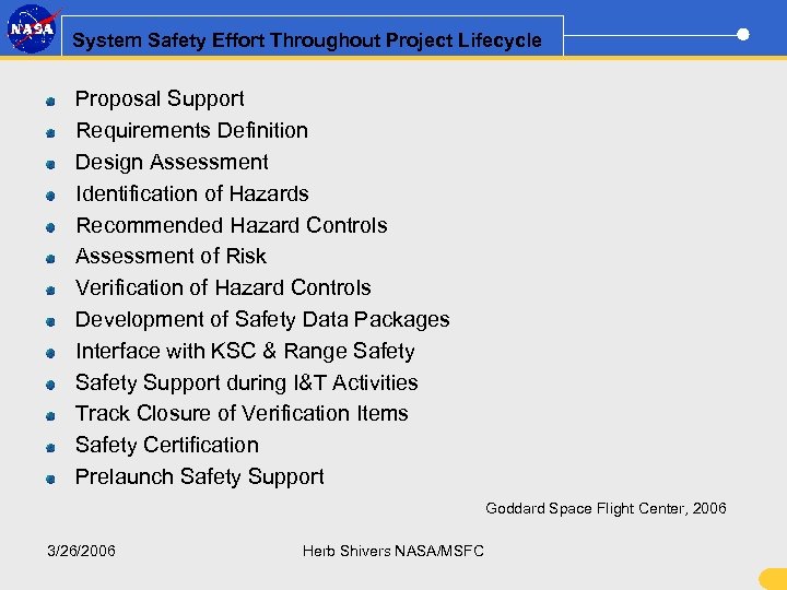 System Safety Effort Throughout Project Lifecycle Proposal Support Requirements Definition Design Assessment Identification of