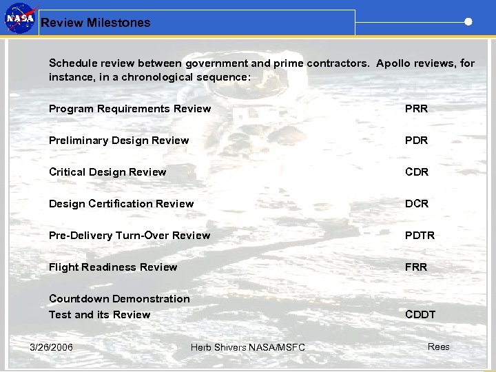 Review Milestones Schedule review between government and prime contractors. Apollo reviews, for instance, in