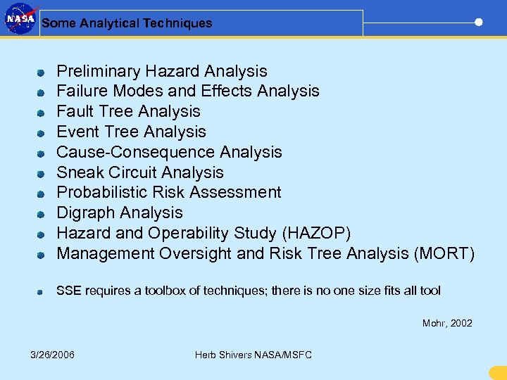 Some Analytical Techniques Preliminary Hazard Analysis Failure Modes and Effects Analysis Fault Tree Analysis