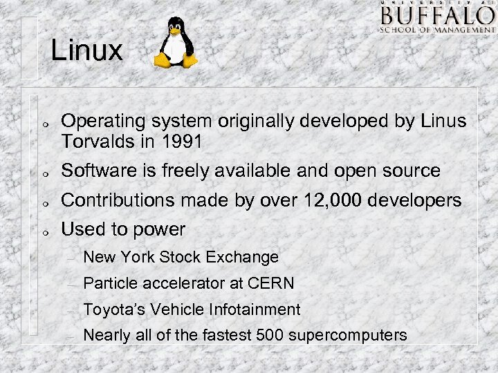 Linux m Operating system originally developed by Linus Torvalds in 1991 m Software is