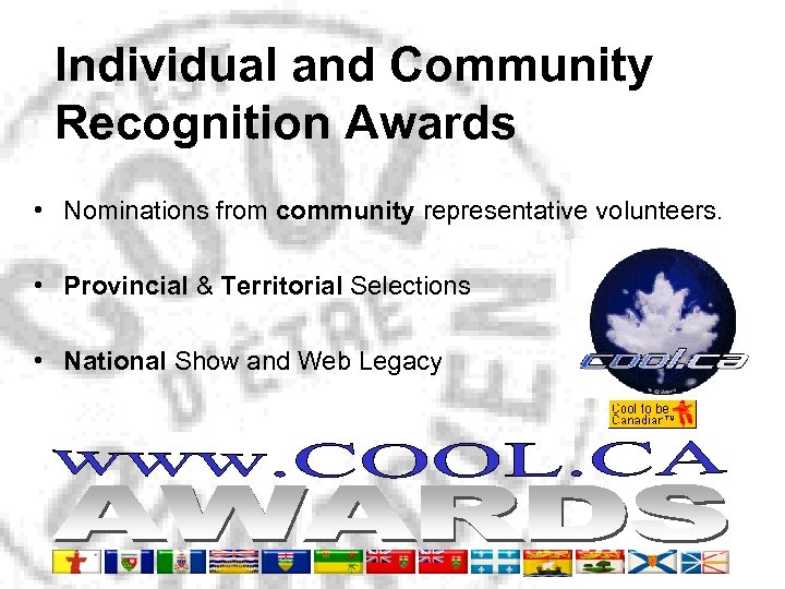Individual and Community Recognition Awards • Nominations from community representative volunteers. • Provincial &