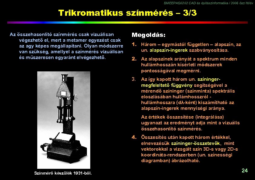 BMEEPAG 0202 CAD és építészinformatika / 2006 őszi félév Trikromatikus színmérés – 3/3 Az