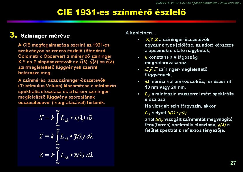 BMEEPAG 0202 CAD és építészinformatika / 2006 őszi félév CIE 1931 -es színmérő észlelő