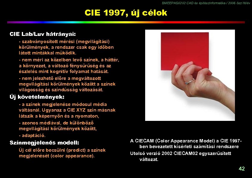 BMEEPAG 0202 CAD és építészinformatika / 2006 őszi félév CIE 1997, új célok CIE