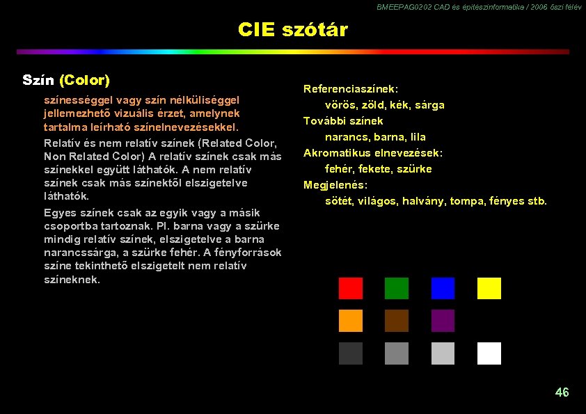BMEEPAG 0202 CAD és építészinformatika / 2006 őszi félév CIE szótár Szín (Color) színességgel