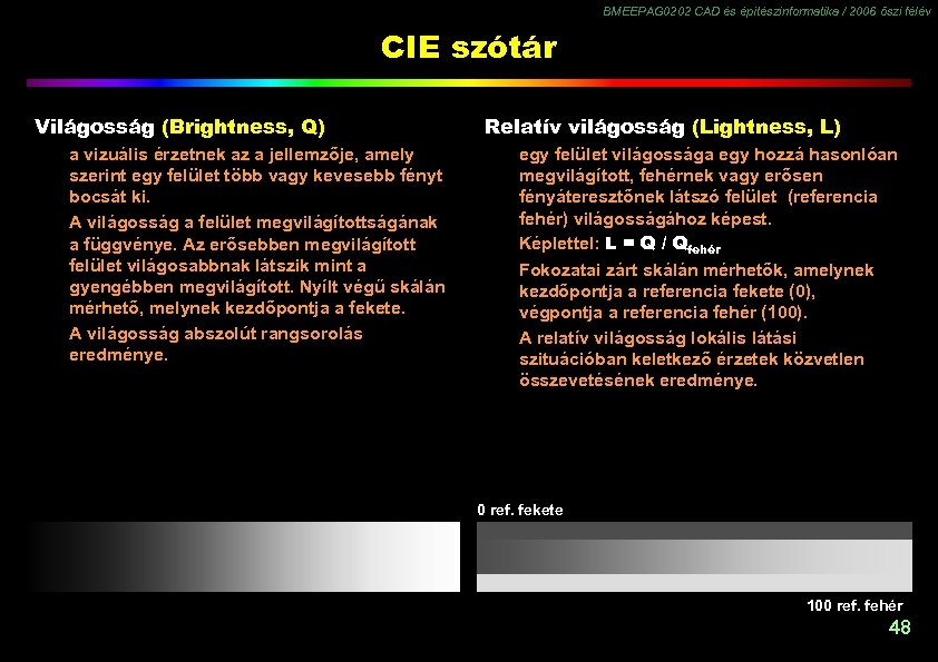 BMEEPAG 0202 CAD és építészinformatika / 2006 őszi félév CIE szótár Világosság (Brightness, Q)