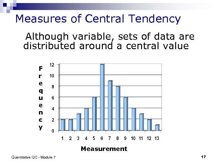 Measures of Central Tendency Although variable, sets of data are distributed around a central