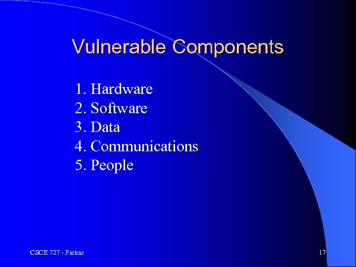 Vulnerable Components 1. Hardware 2. Software 3. Data 4. Communications 5. People CSCE 727