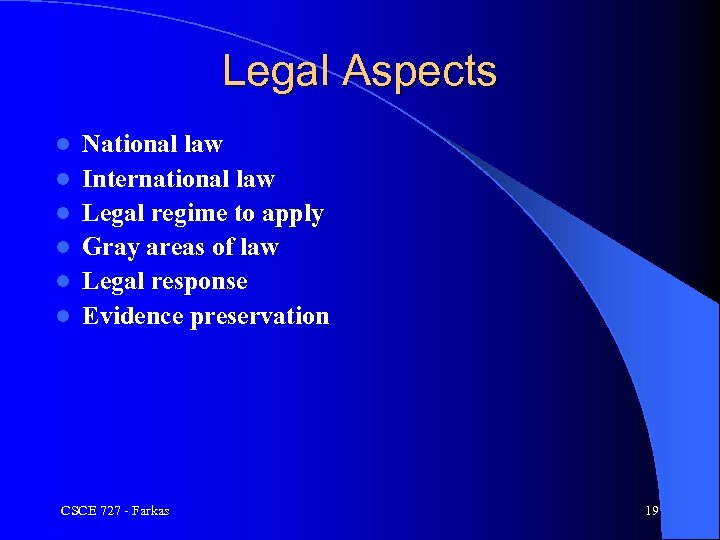 Legal Aspects l l l National law International law Legal regime to apply Gray