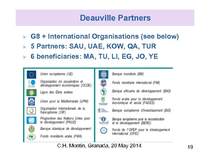 Deauville Partners Ø Ø Ø G 8 + International Organisations (see below) 5 Partners:
