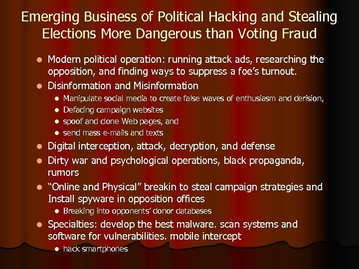 Emerging Business of Political Hacking and Stealing Elections More Dangerous than Voting Fraud Modern