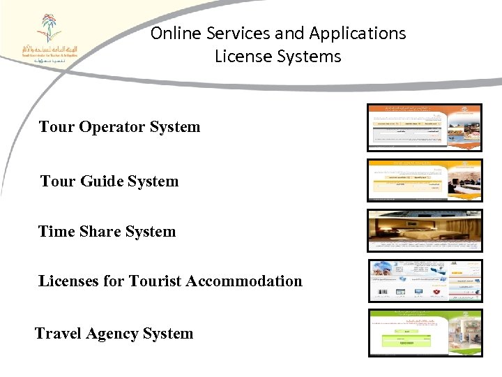 Online Services and Applications License Systems Tour Operator System Tour Guide System Time Share