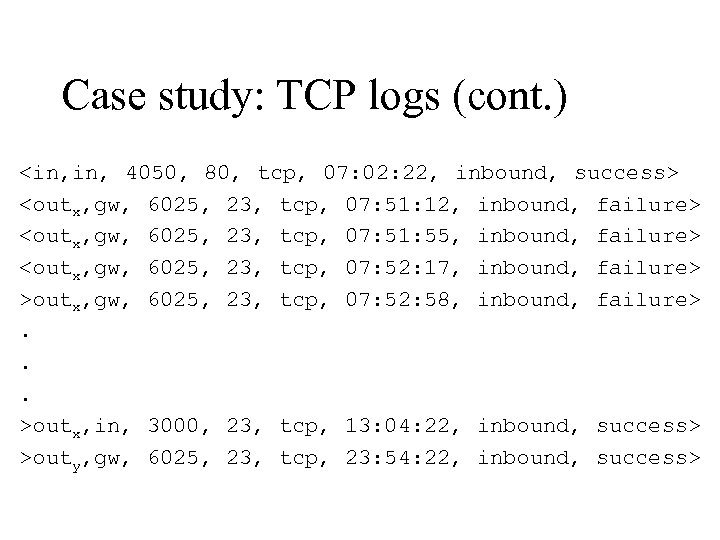Case study: TCP logs (cont. ) <in, 4050, 80, tcp, 07: 02: 22, inbound,