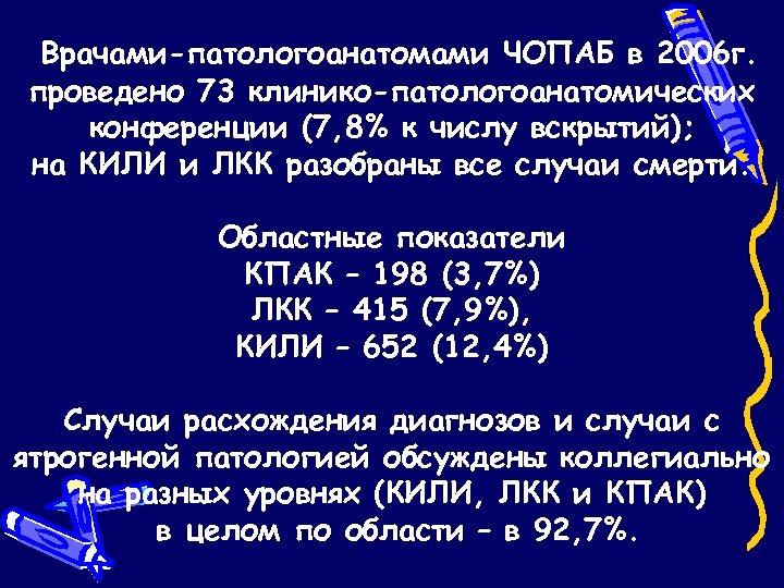 Врачами-патологоанатомами ЧОПАБ в 2006 г. проведено 73 клинико-патологоанатомических конференции (7, 8% к числу вскрытий);