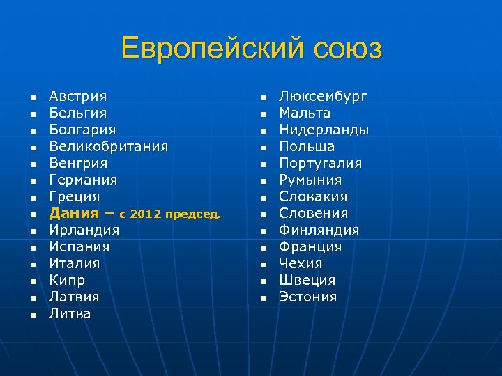 Европейский союз n n n n Австрия Бельгия Болгария Великобритания Венгрия Германия Греция Дания