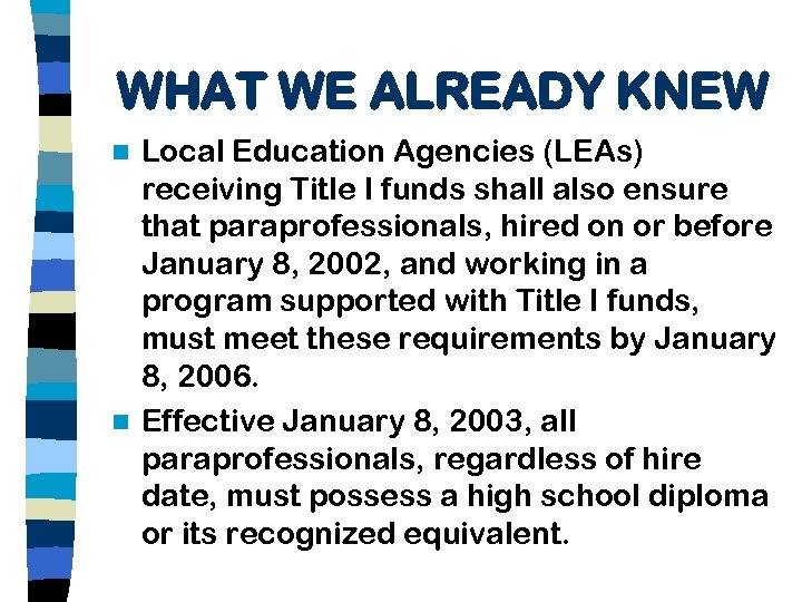 WHAT WE ALREADY KNEW Local Education Agencies (LEAs) receiving Title I funds shall also