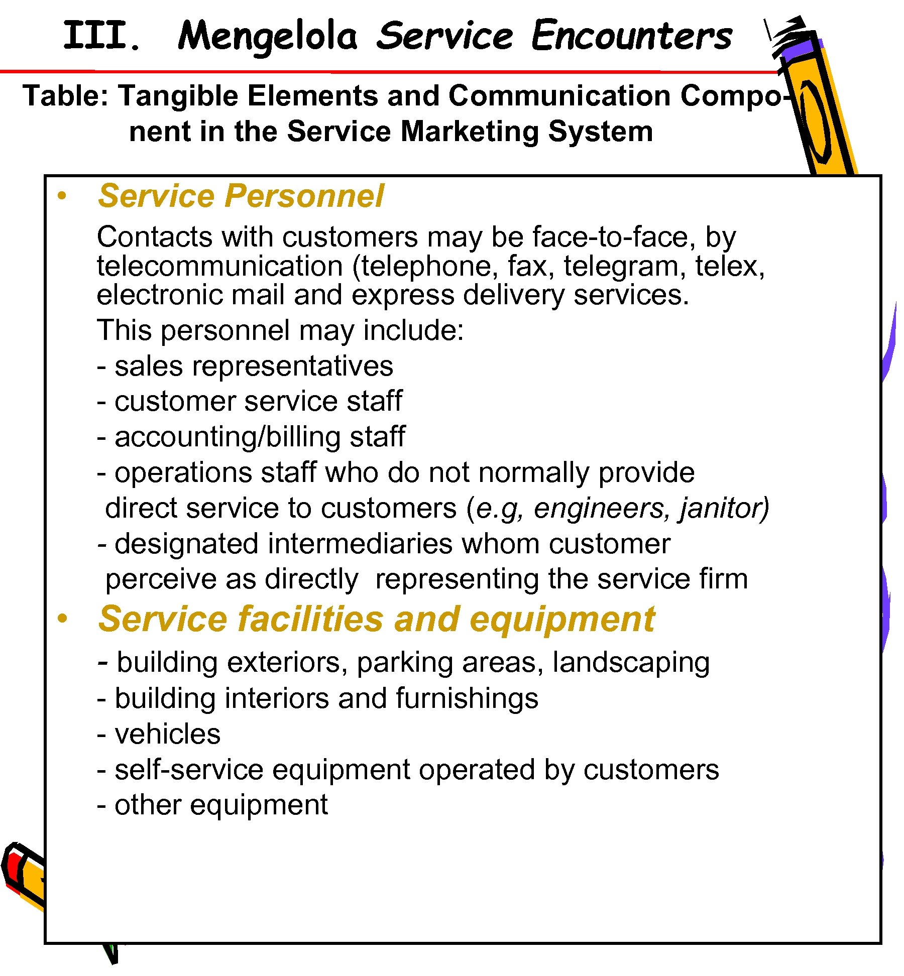 III. Mengelola Service Encounters Table: Tangible Elements and Communication Component in the Service Marketing