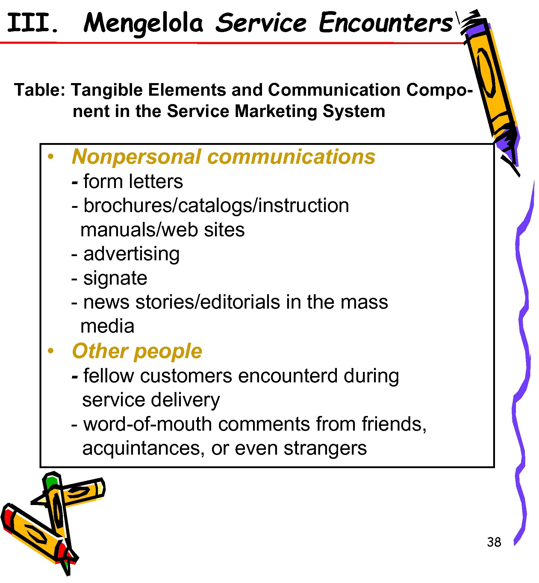 III. Mengelola Service Encounters Table: Tangible Elements and Communication Component in the Service Marketing