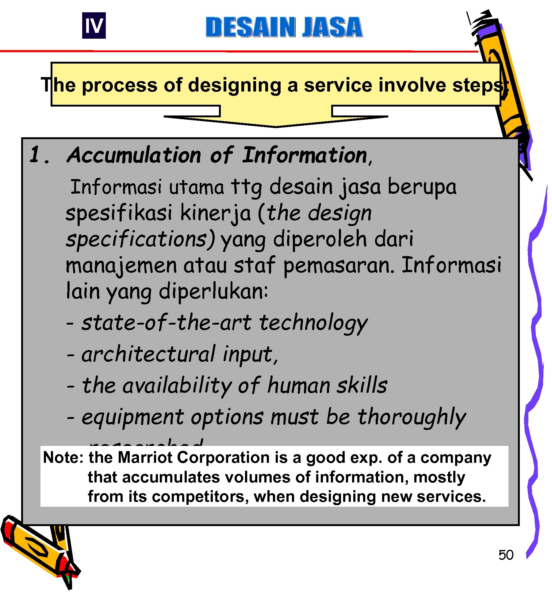 IV The process of designing a service involve steps: 1. Accumulation of Information, Informasi