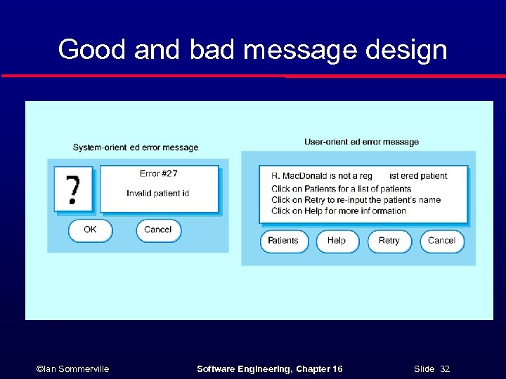 Good and bad message design ©Ian Sommerville Software Engineering, Chapter 16 Slide 32 