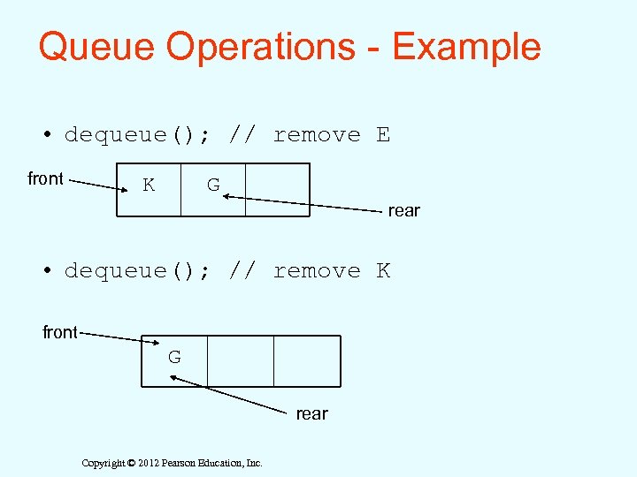 Queue Operations - Example • dequeue(); // remove E front K G rear •