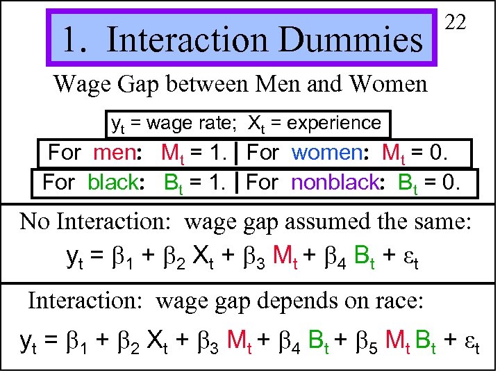 1. Interaction Dummies 22 Wage Gap between Men and Women yt = wage rate;