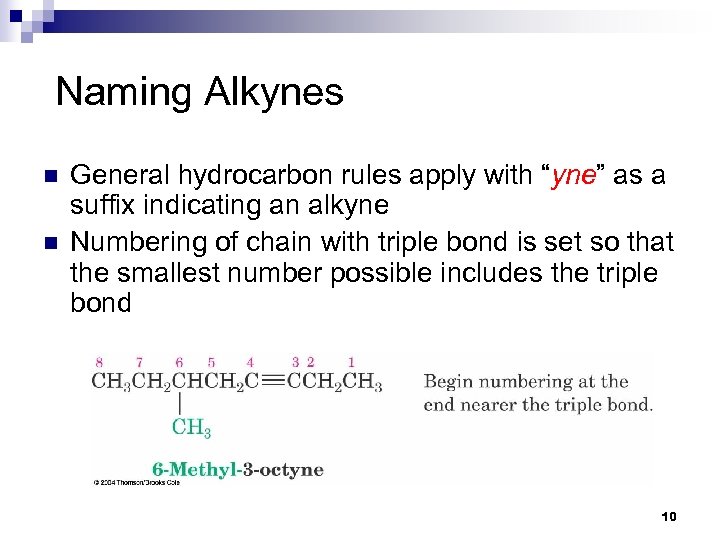 Naming Alkynes n n General hydrocarbon rules apply with “yne” as a suffix indicating