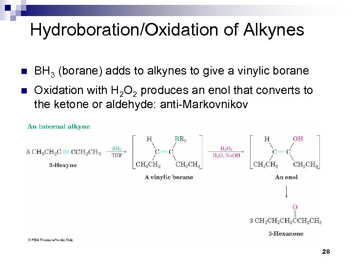 Hydroboration/Oxidation of Alkynes n BH 3 (borane) adds to alkynes to give a vinylic