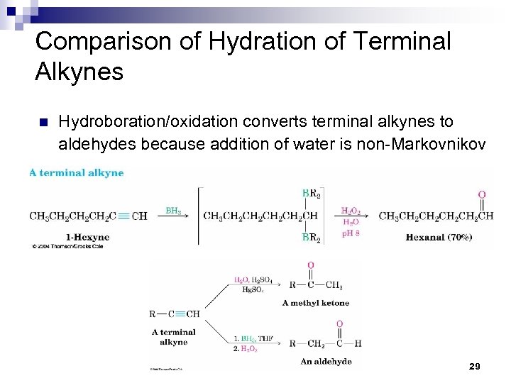 Comparison of Hydration of Terminal Alkynes n Hydroboration/oxidation converts terminal alkynes to aldehydes because