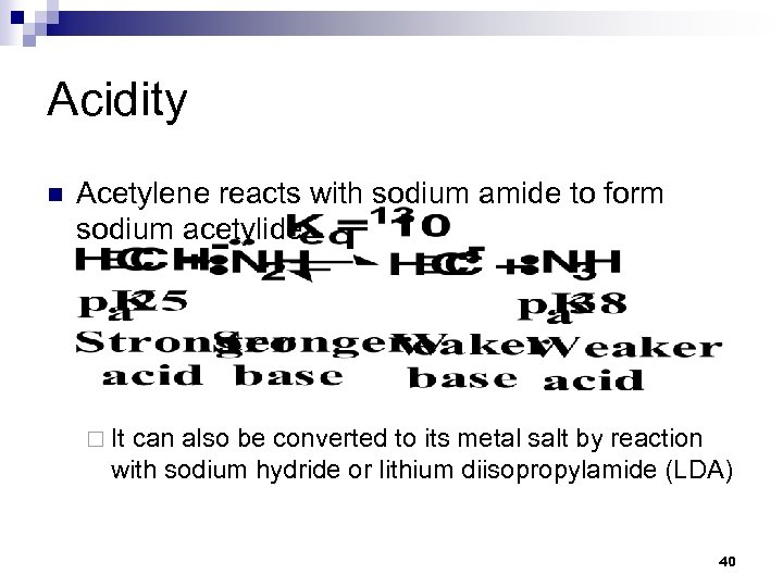 Acidity n Acetylene reacts with sodium amide to form sodium acetylide ¨ It can