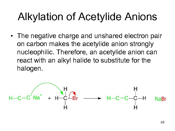 Alkylation of Acetylide Anions • The negative charge and unshared electron pair on carbon