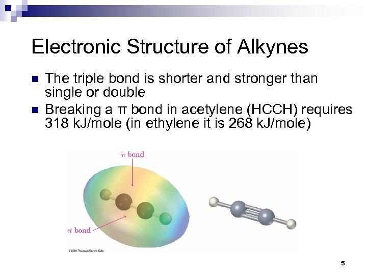 Electronic Structure of Alkynes n n The triple bond is shorter and stronger than