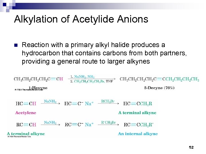 Alkylation of Acetylide Anions n Reaction with a primary alkyl halide produces a hydrocarbon