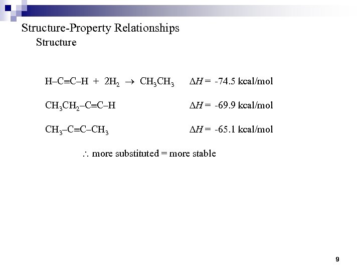 Structure-Property Relationships Structure H–C C–H + 2 H 2 CH 3 DH = -74.