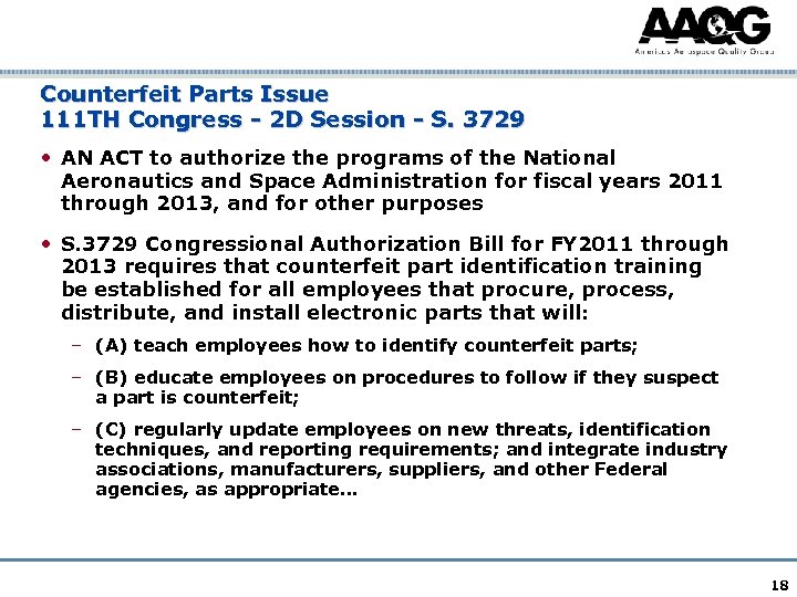 Counterfeit Parts Issue 111 TH Congress - 2 D Session - S. 3729 •