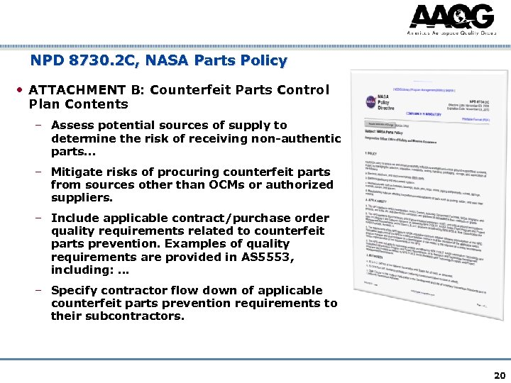 NPD 8730. 2 C, NASA Parts Policy • ATTACHMENT B: Counterfeit Parts Control Plan
