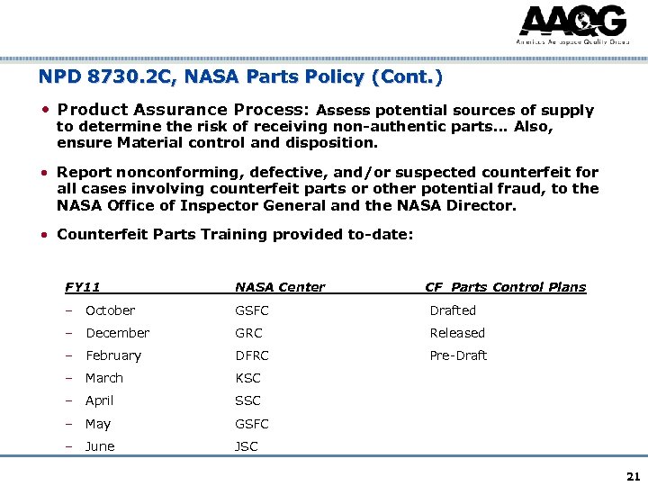 NPD 8730. 2 C, NASA Parts Policy (Cont. ) • Product Assurance Process: Assess