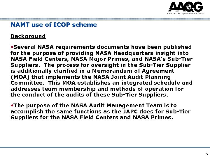 NAMT use of ICOP scheme Background • Several NASA requirements documents have been published