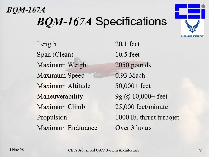 BQM-167 A Specifications Length Span (Clean) Maximum Weight Maximum Speed Maximum Altitude Maneuverability Maximum