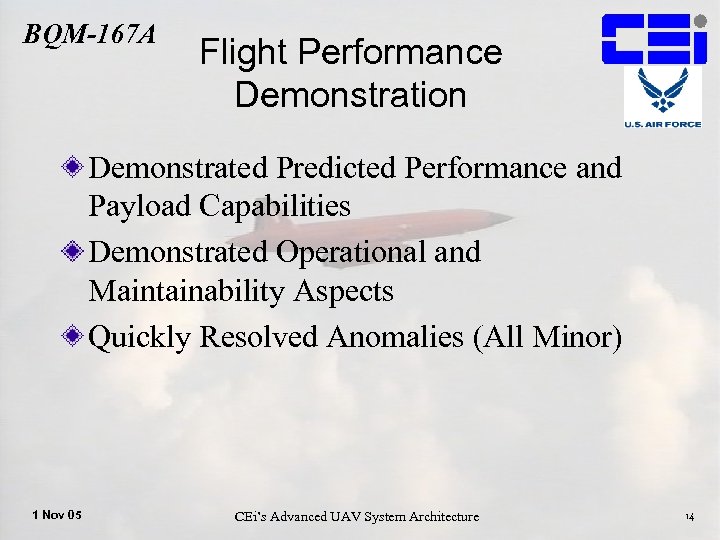 BQM-167 A Flight Performance Demonstration Demonstrated Predicted Performance and Payload Capabilities Demonstrated Operational and