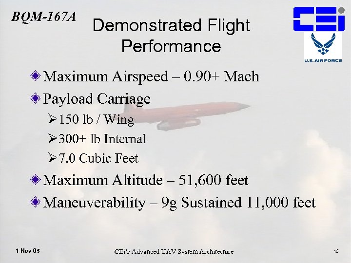 BQM-167 A Demonstrated Flight Performance Maximum Airspeed – 0. 90+ Mach Payload Carriage Ø