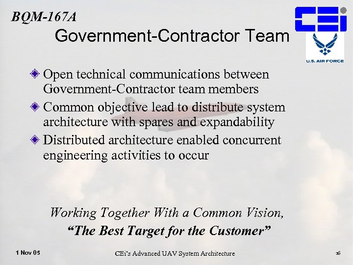 BQM-167 A Government-Contractor Team Open technical communications between Government-Contractor team members Common objective lead