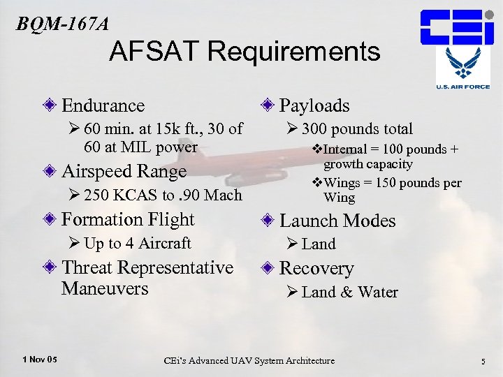 BQM-167 A AFSAT Requirements Endurance Payloads Ø 60 min. at 15 k ft. ,